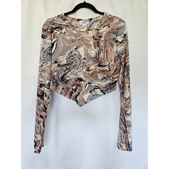 just polly Tops - Just Polly Womens Long Sleeve Asymmetrical Crop Top XL Marble Brown Bandana Y2k